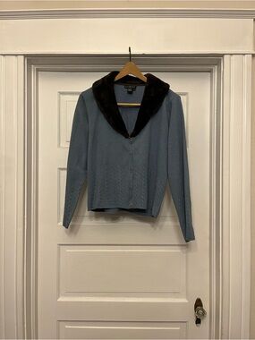 Co & Eddy Blue Cardigan with Brown Faux-Fur Collar